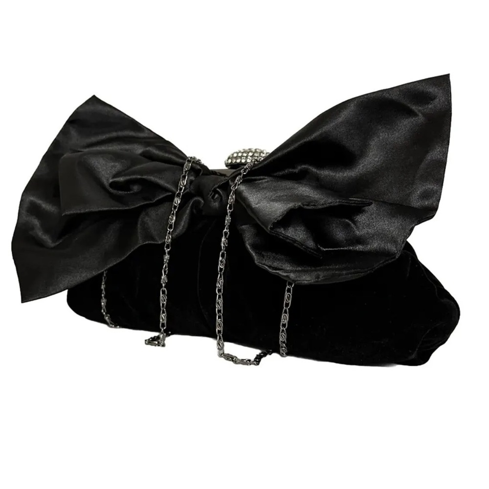 Neiman Marcus Bow Accented Velvet Evening Clutch Bag Black Swarovski Crystals